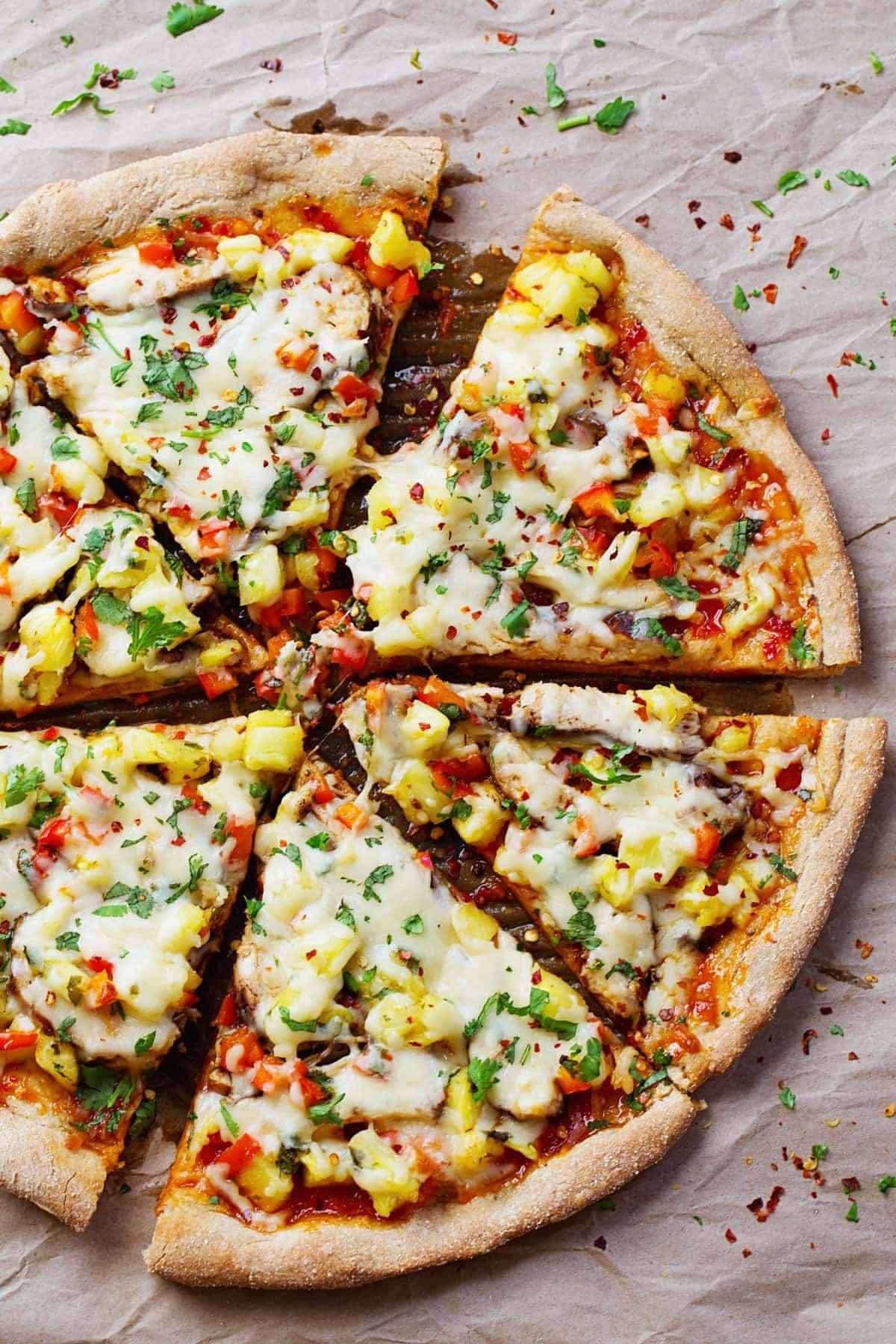 Sweet Chili Garlic Chicken Pizza sliced.
