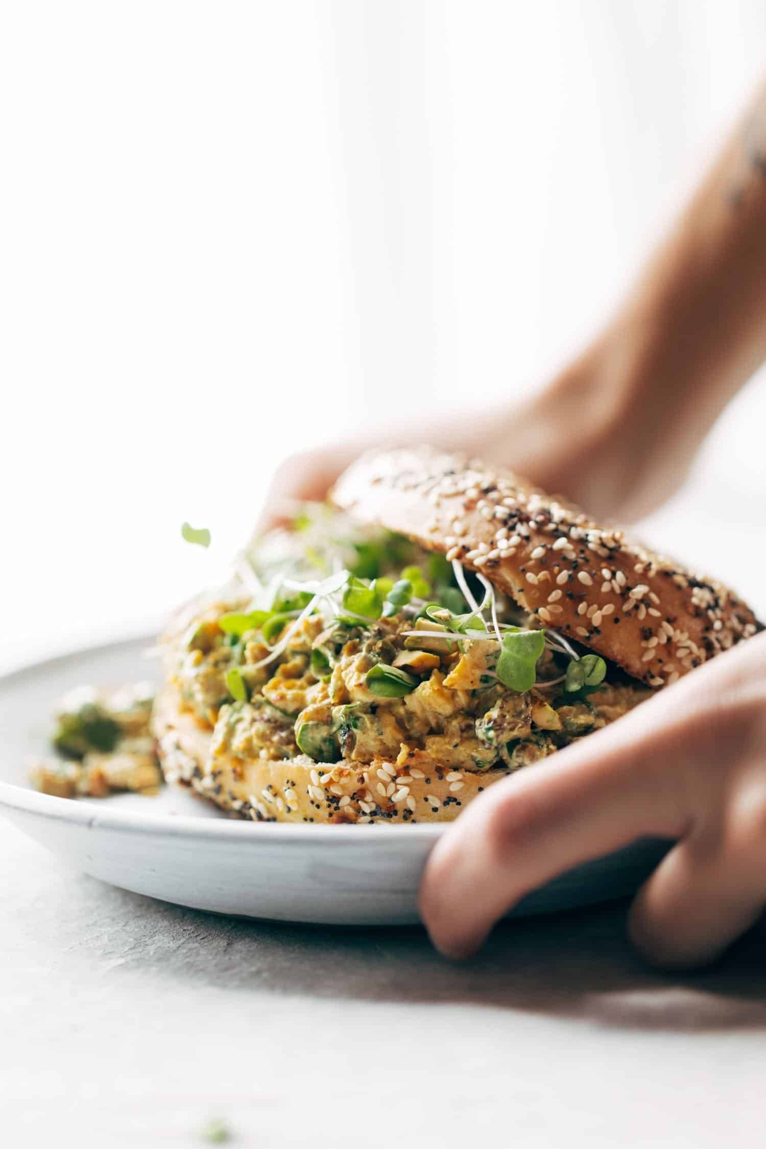 Curry chicken salad on an everything bagel.