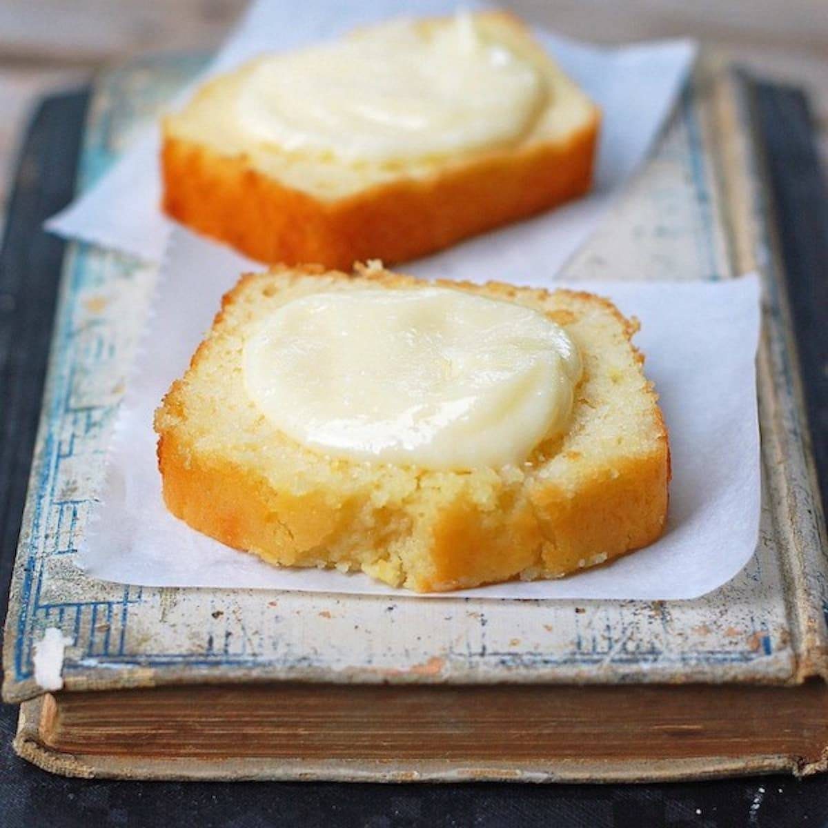 Honey butter spread on a homemade lemon loaf.