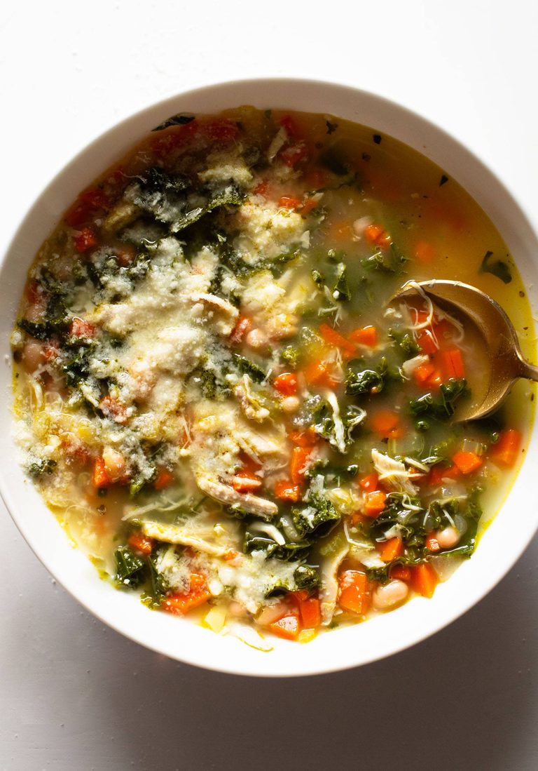 Lemon chicken soup in a bowl.