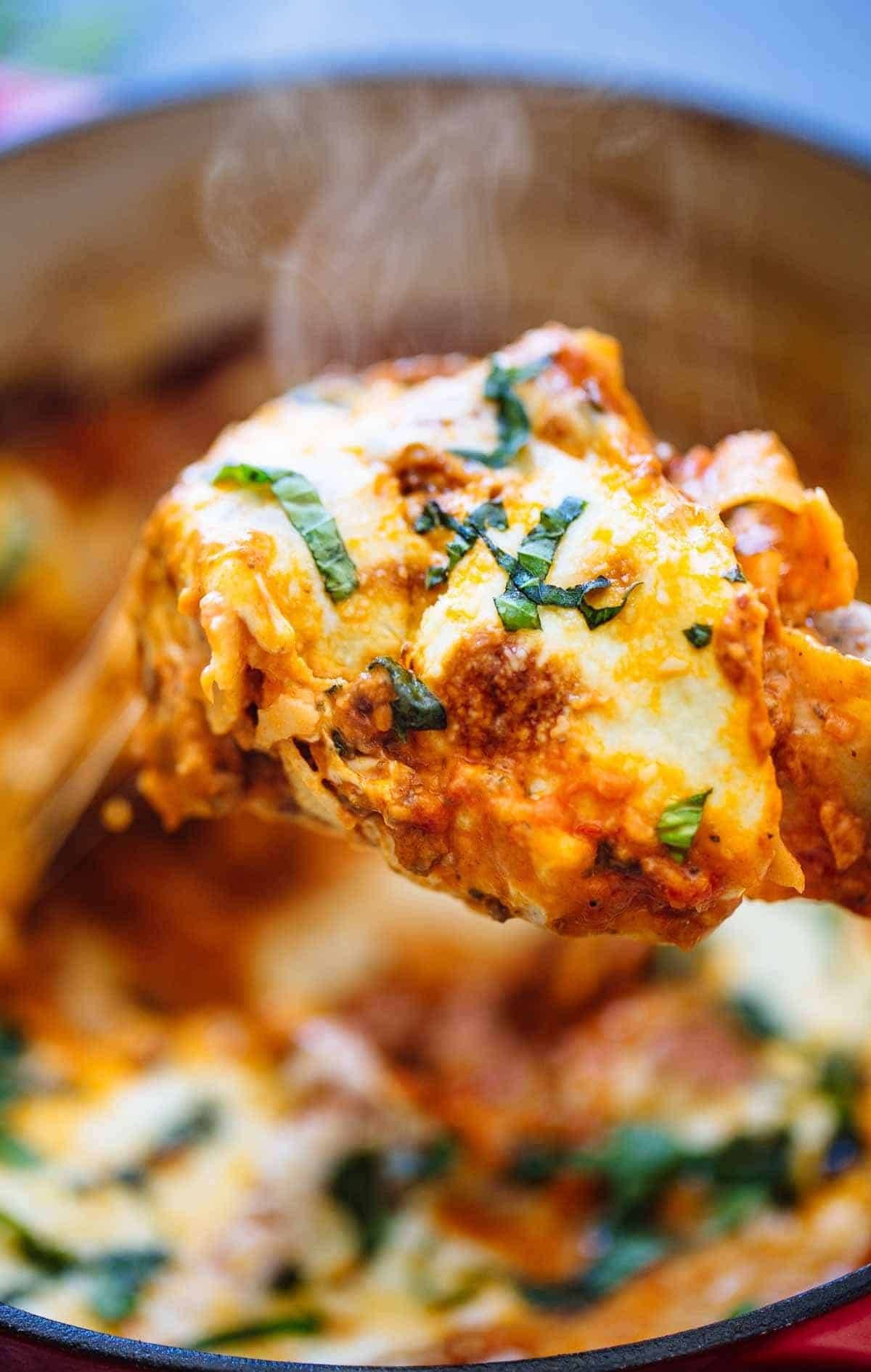 Lasagna on a spoon.